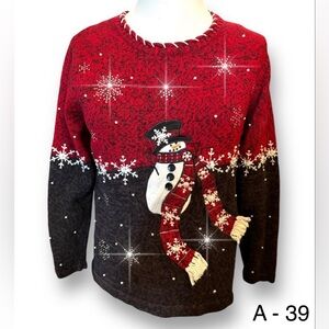 Vtg Mandal Bay Ugly Christmas Sweater Ski  Rhinestone Embellished Snowman Sz XL